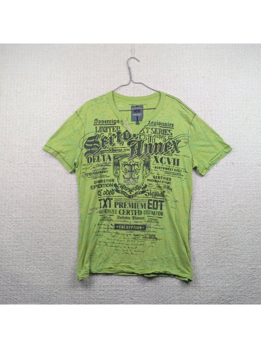 Y2K TXT V-Neck T-shirt Distressed Grunge Goth Emo Affliction Style Men Sz L